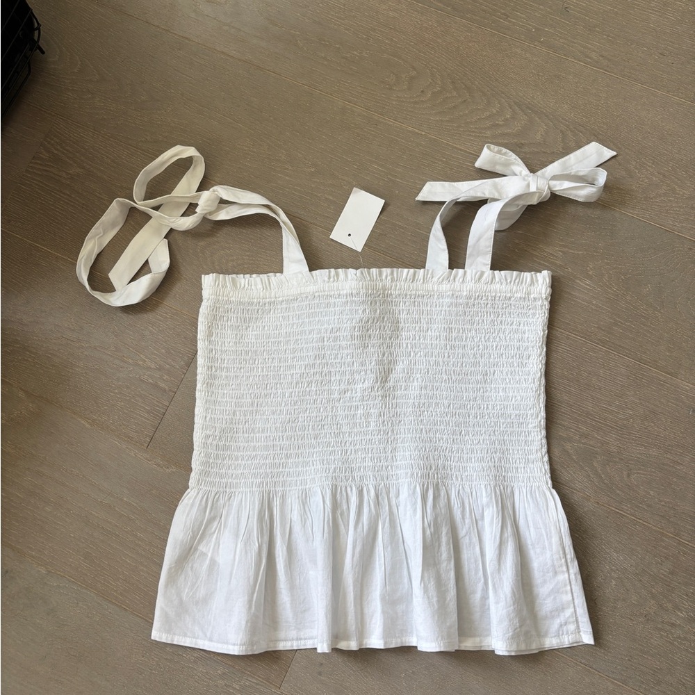 J. Crew White Smocked Camisole with Tie Straps